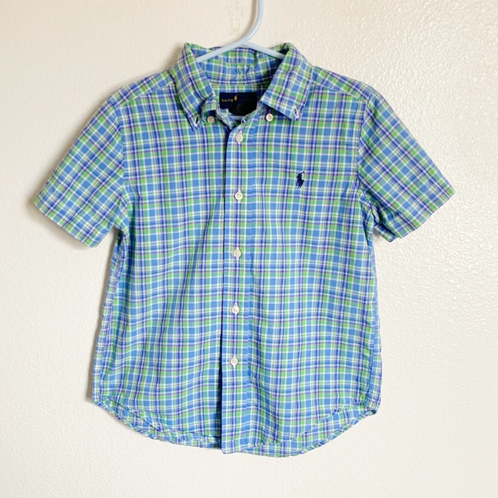 RALPH LAUREN Short Sleeve Button Down Shirt 4/4T Blue Lime Periwinkle Plaid